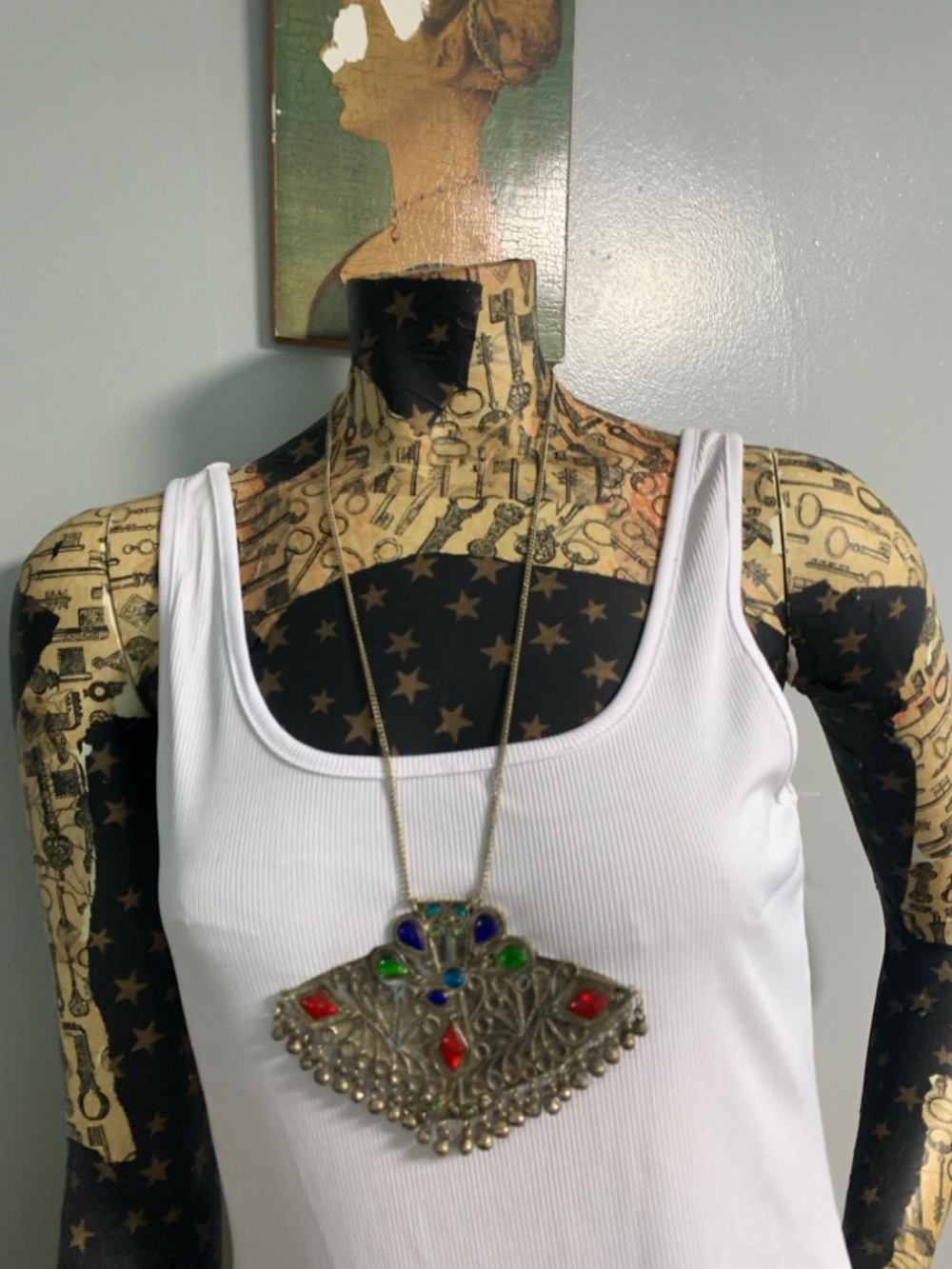 Vintage Hand Crafted Blue Green Red Statement Pendant Necklace